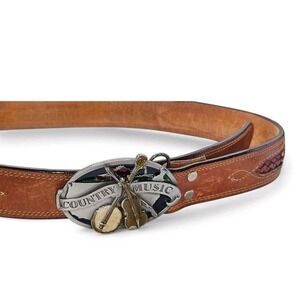 1984 Pewter Country Music Buckle On Leegin 36" Brown Leather‎ Braided Inlay Belt